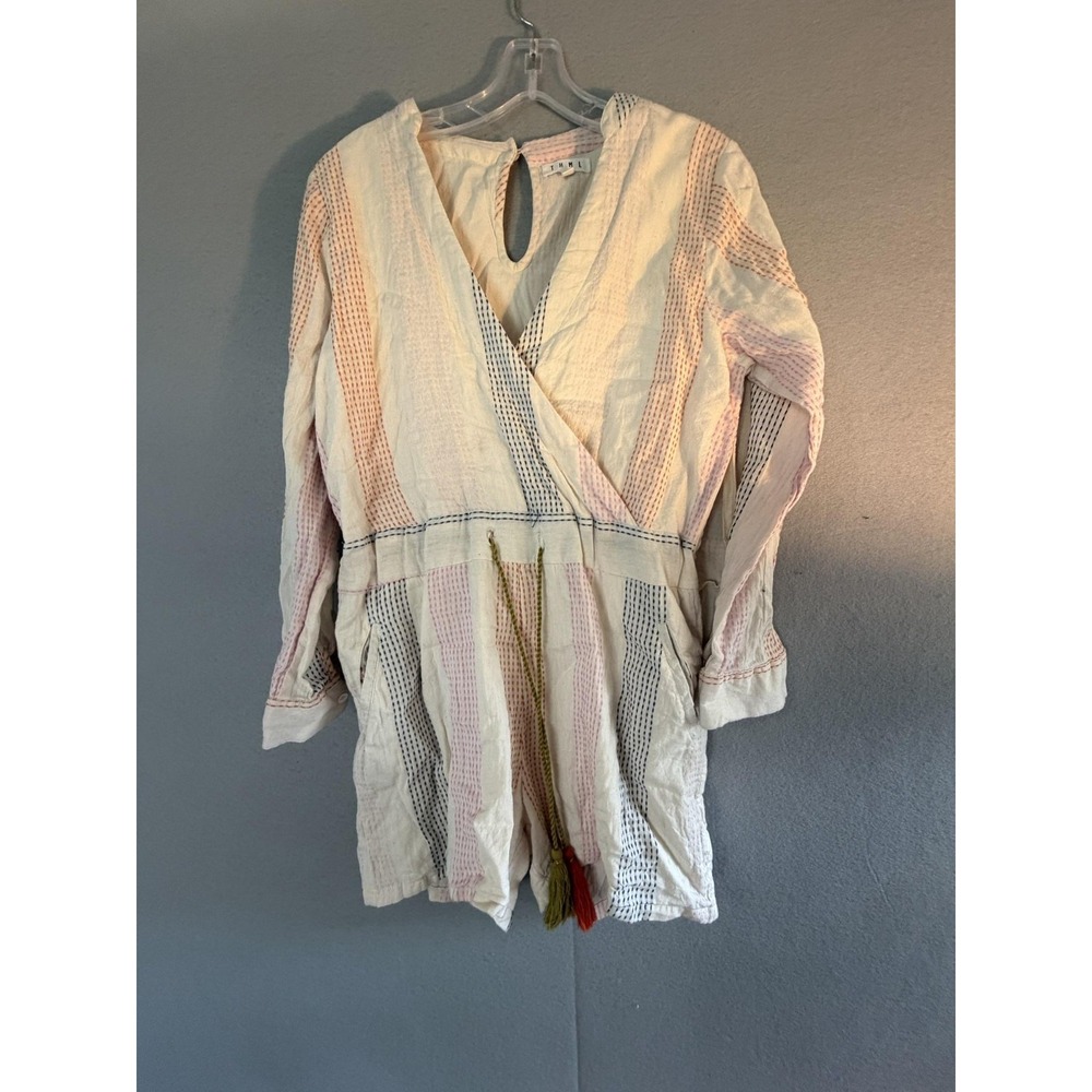 THML Romper Womens M White Striped Gauze V Neck Long Sleeve Tassel Boho Pockets